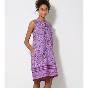 J. Jill Love Linen XL Petite Pink Floral Border Print V-Neck Shift Dress Coastal